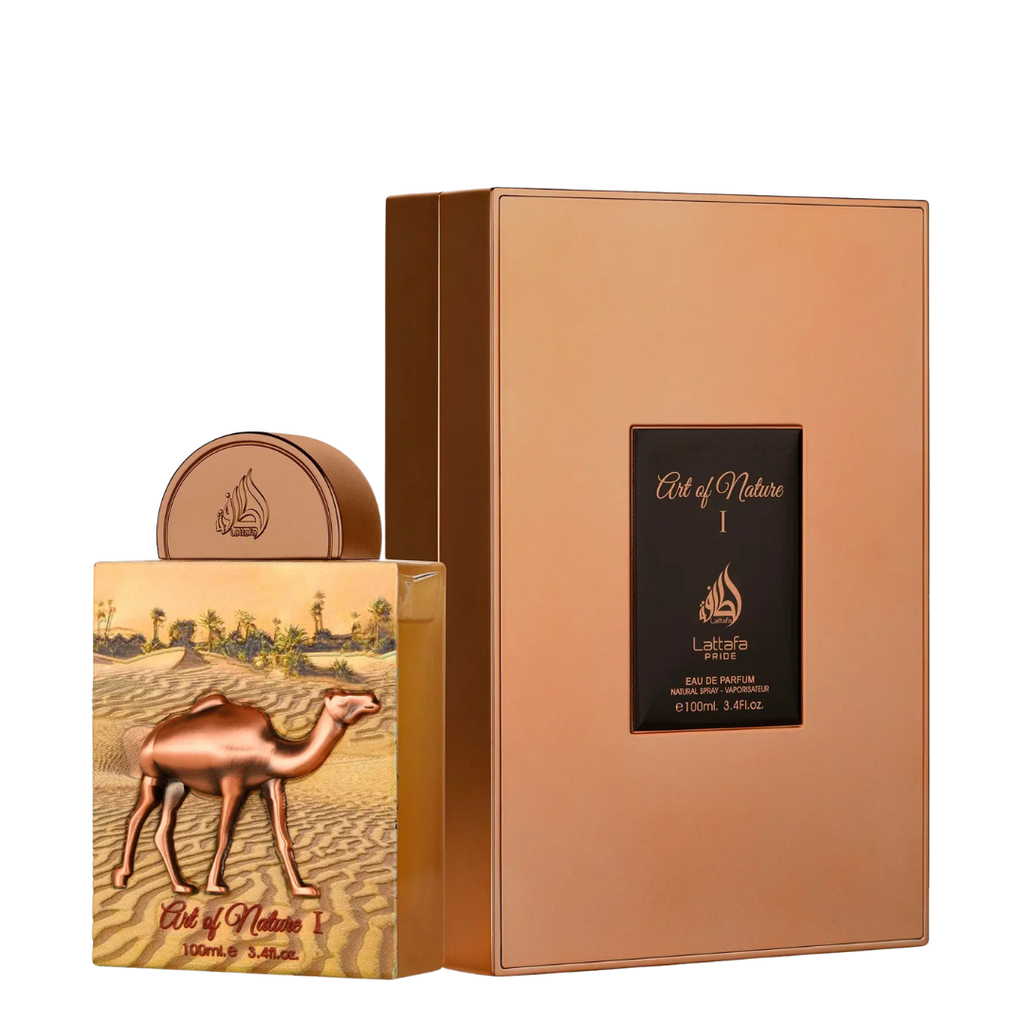 A perfume gift set featuring a metallic rose-gold box and a matching bottle with a desert camel illustration on the front, labeled 'Art of Nature I' by Lattafa.