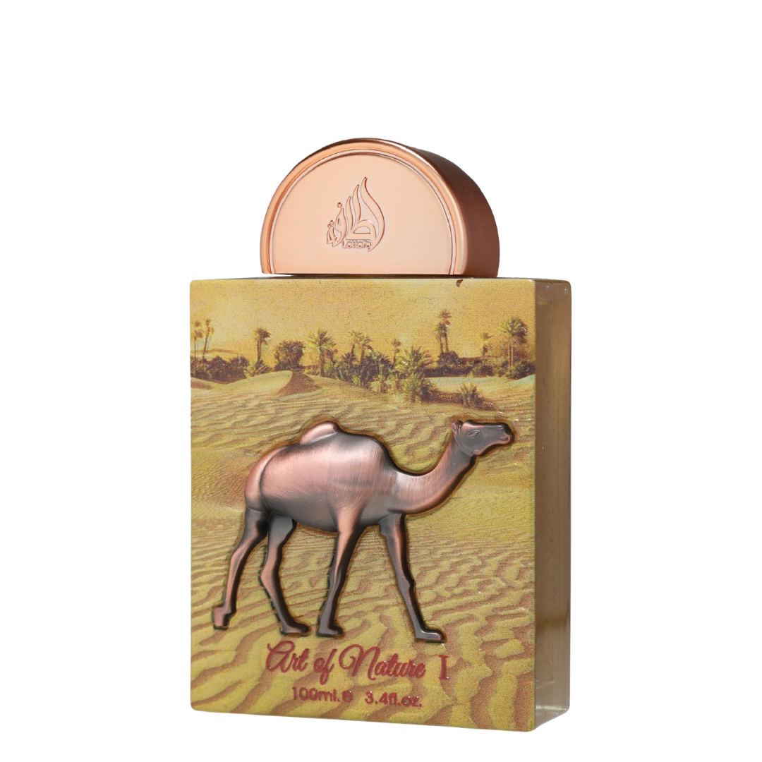 Art of Nature 1 perfume bottle with a camel-shaped design on a desert landscape background, featuring a rose gold cap and a 100ml size label.