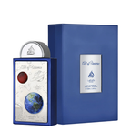 Lattafa: Art of Universe perfume bottle and its blue presentation box, featuring a silver label with space-themed illustrations and a globe design.