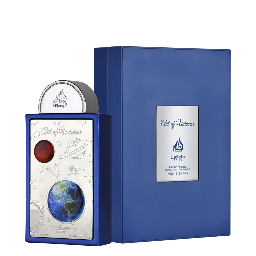 Lattafa: Art of Universe perfume bottle and its blue presentation box, featuring a silver label with space-themed illustrations and a globe design.