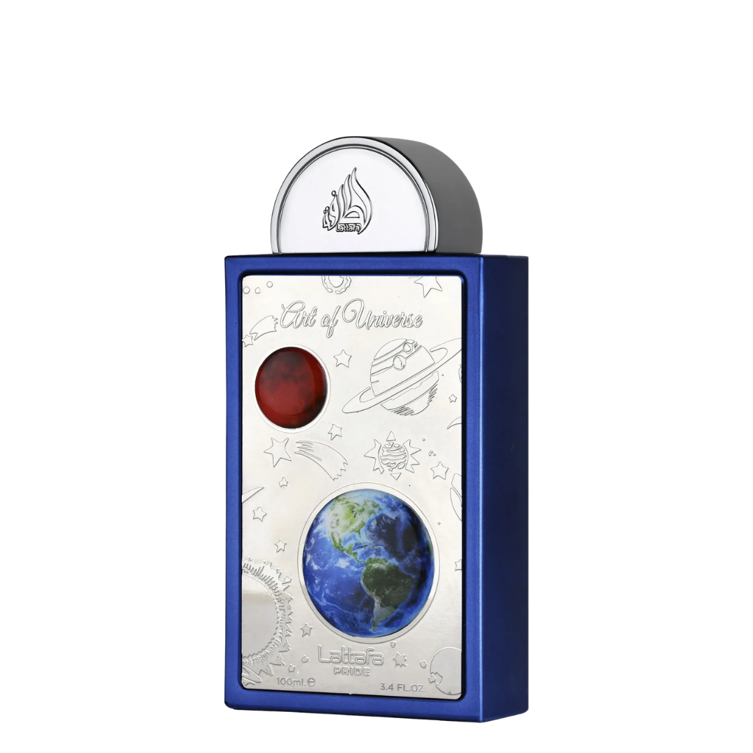 A Lattafa 'Art of Universe' collectible bottle with a blue outer frame, a silver-toned inner panel featuring space-themed illustrations and a globe of Earth, a red circular window, and a silver cap with a flame logo.