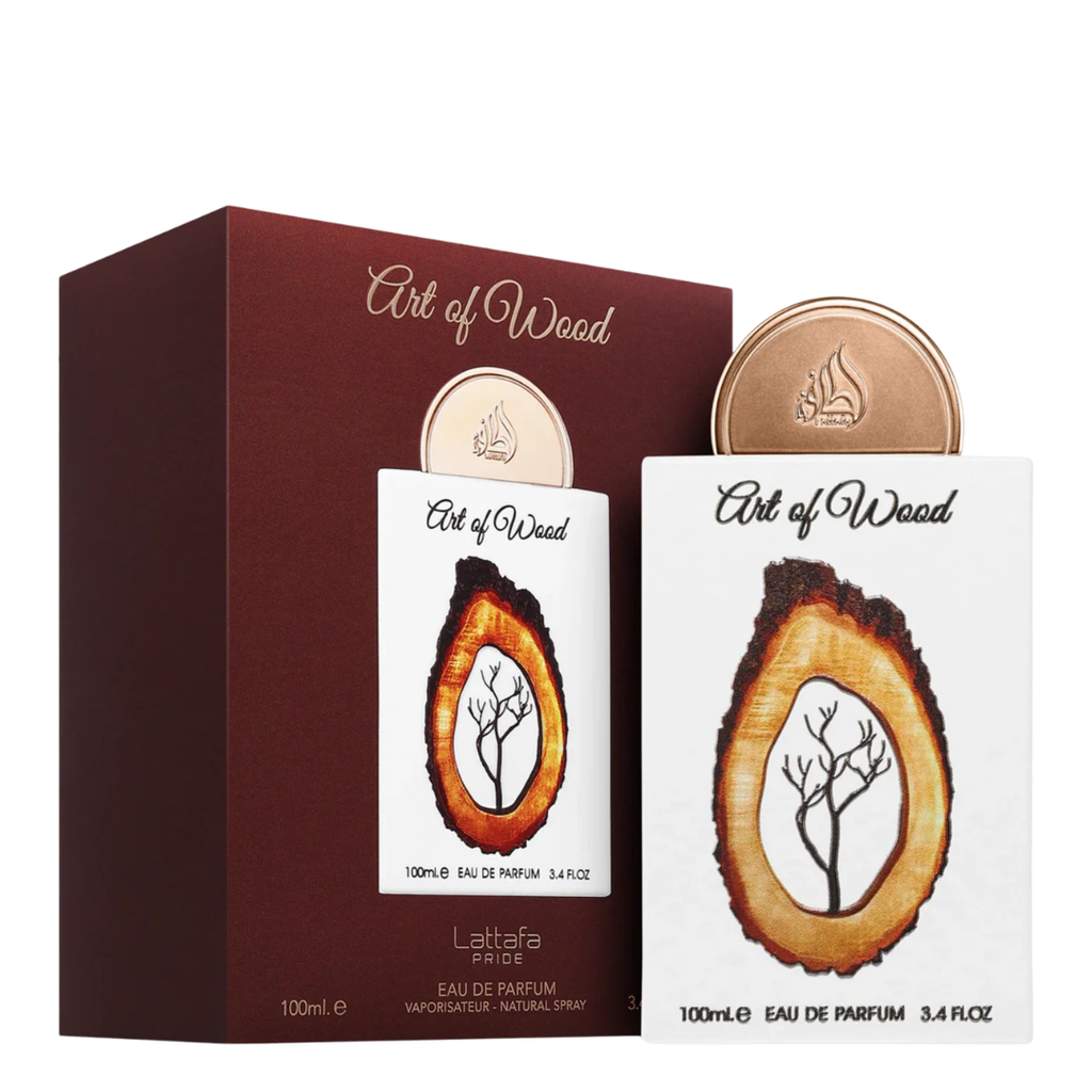 Art of Wood Eau de Parfum by Laetitia Paris, showing the dark red box, a round gold cap, and the white card packaging with a wood slice graphic.