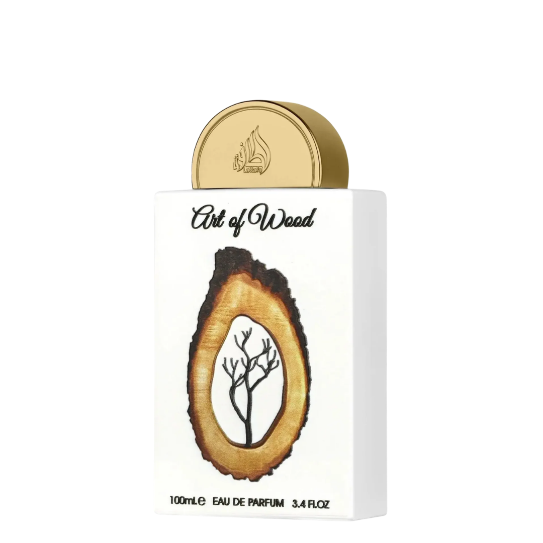 Art of Wood Eau de Parfum 100ml bottle with a white rectangular box, featuring a gold cap and a graphic of a tree inside an avocado slice on a white background.