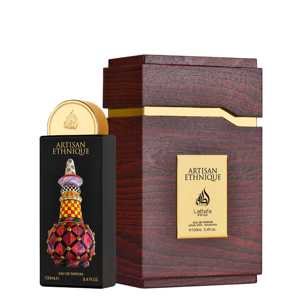Artisan Ethnique Latafa Pride Eau de Parfum shown with its black rectangular bottle and a large dark reddish-brown wooden box with gold accents on a white background.