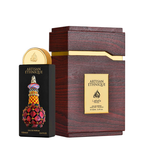 Artisan Ethnique Latafa Pride Eau de Parfum shown with its black rectangular bottle and a large dark reddish-brown wooden box with gold accents on a white background.