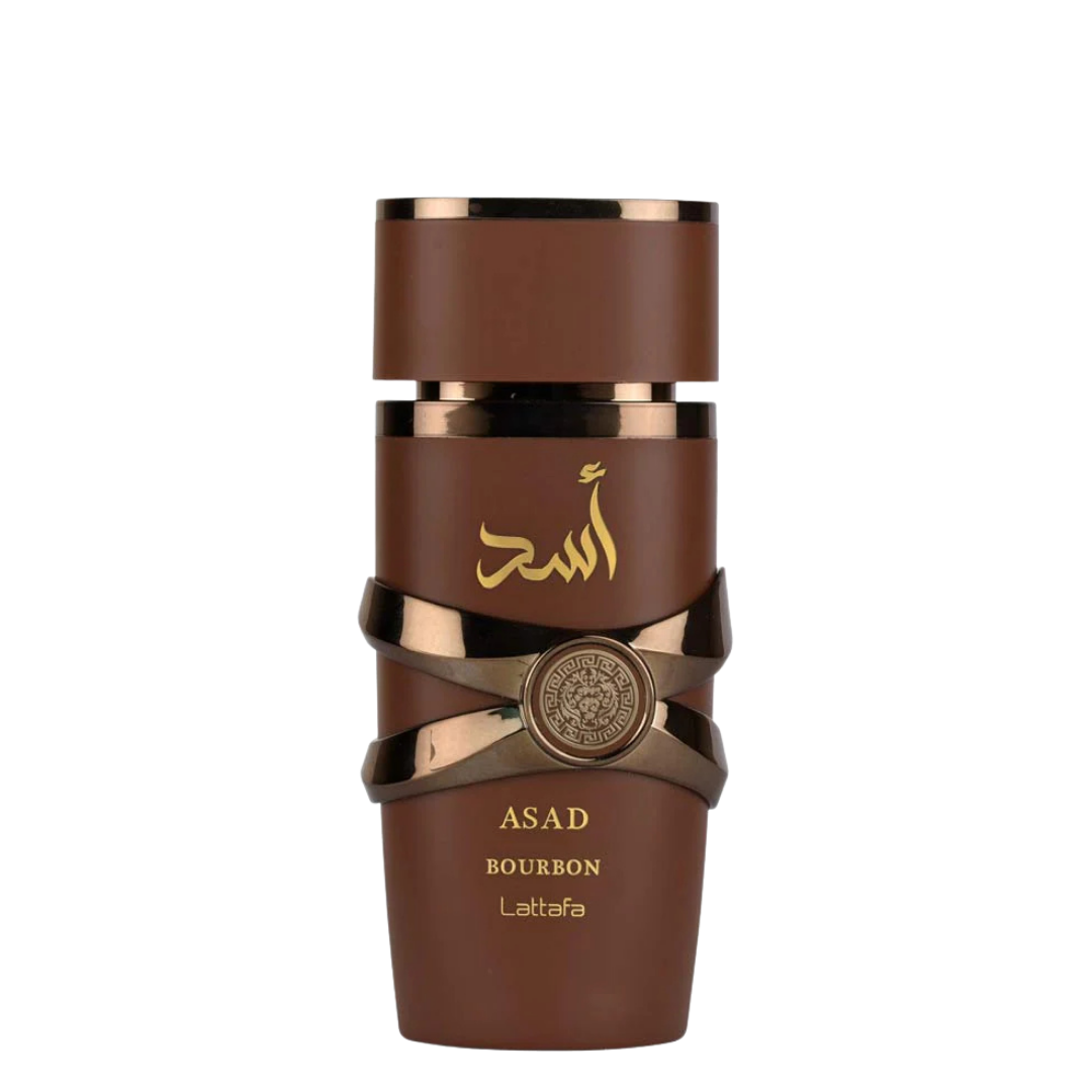Lattafa Asad Bourbon Eau de Parfum bottle in sleek brown design with gold Arabic script. 