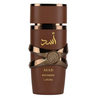 Lattafa Asad Bourbon Eau de Parfum bottle in sleek brown design with gold Arabic script. Clone / dupe of / inspired by Azzaro - The Most Wanted perfume.
