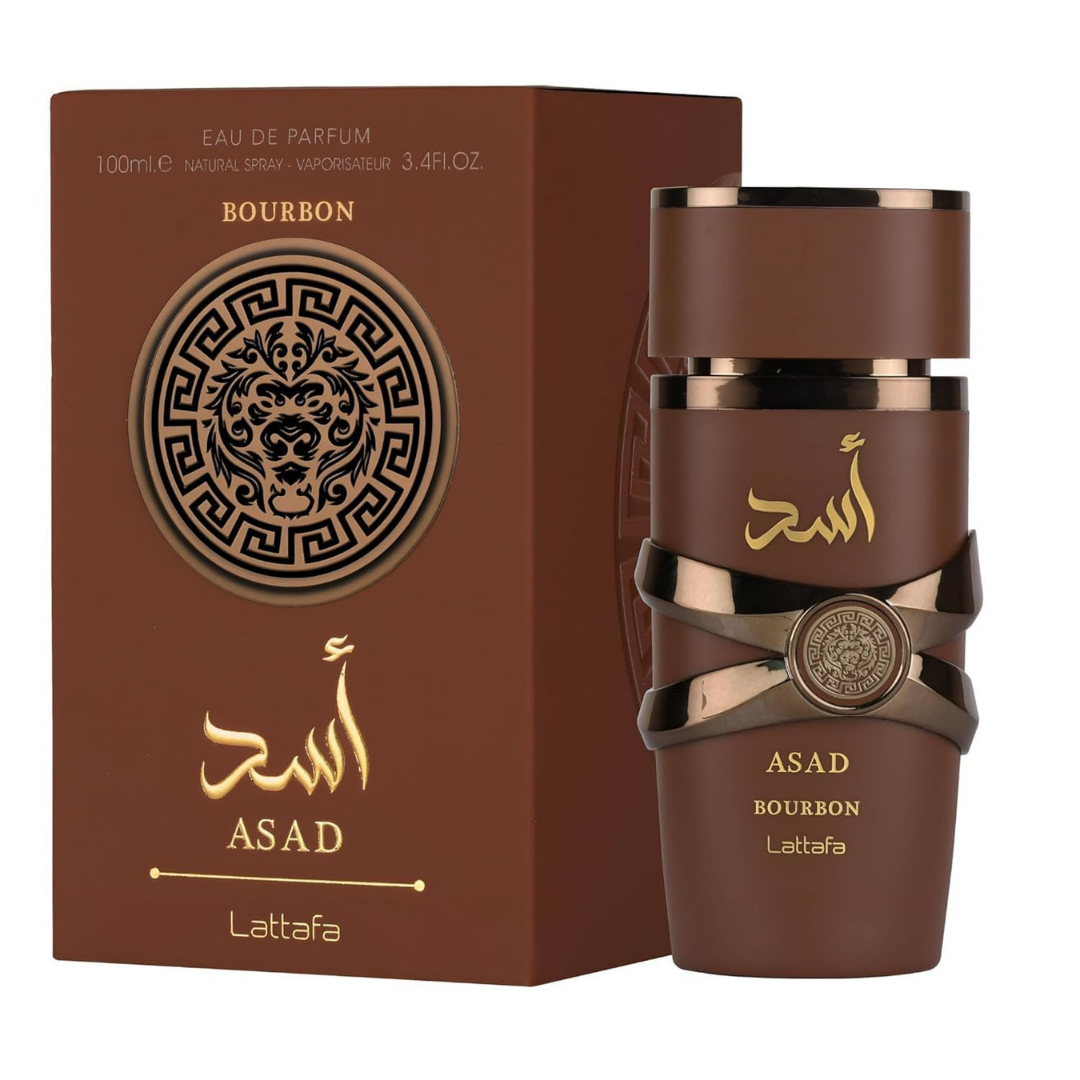 Lattafa Asad Bourbon perfume with box – masculine scent. Clone / dupe of / inspired by Azzaro - The Most Wanted perfume.