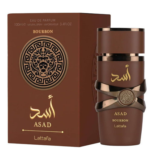 Lattafa Asad Bourbon perfume with box – masculine scent. Clone / dupe of / inspired by Azzaro - The Most Wanted perfume.