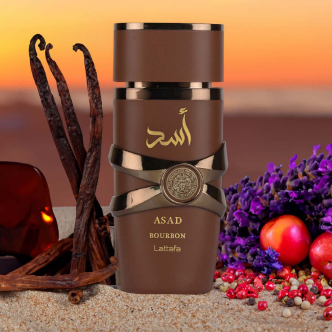 Lattafa Asad Bourbon cologne with vanilla, amber, pepper, and lavender notes – oriental spicy men’s fragrance. 