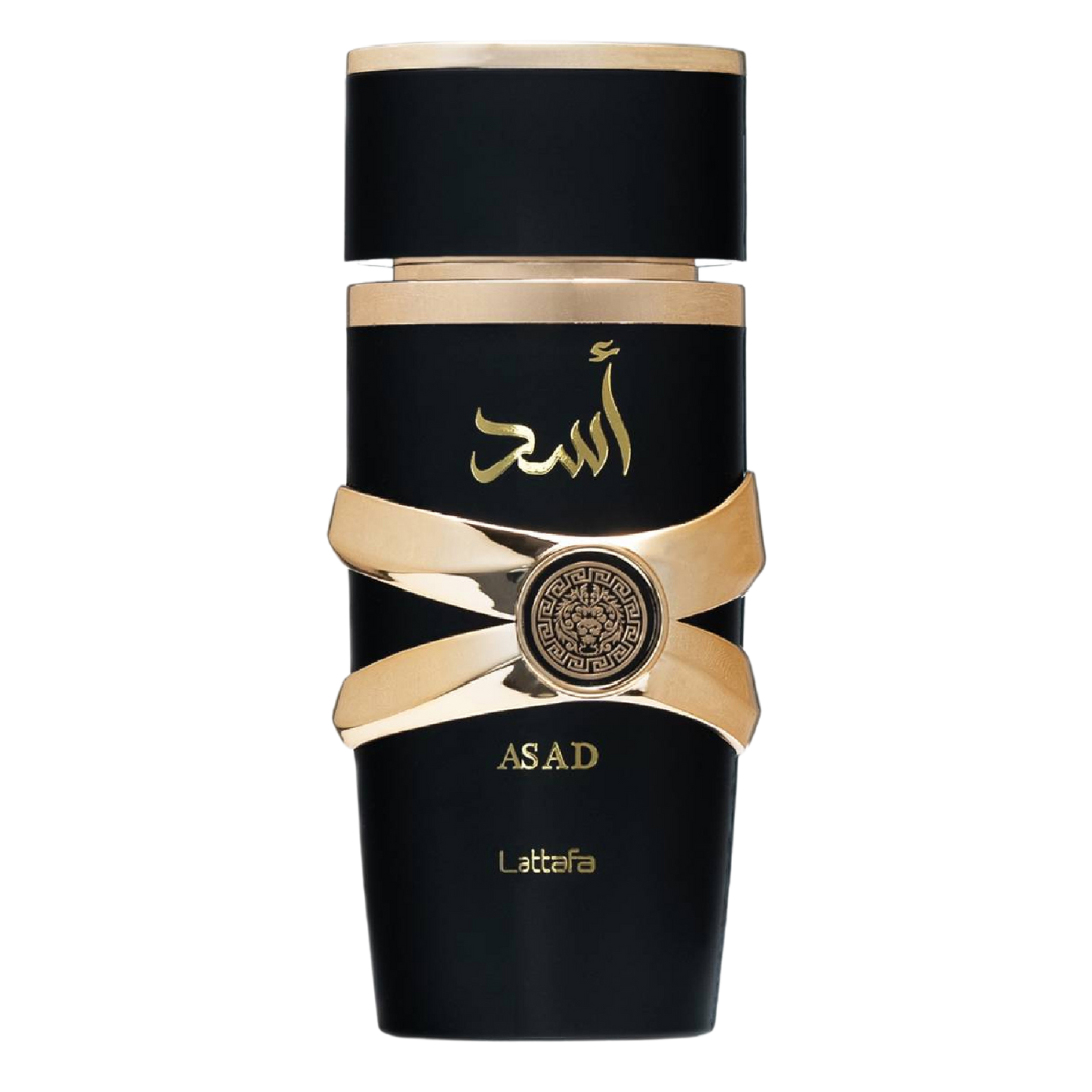 A black bottle of Asad Perfume by Lattafa with gold accents and Arabic script on the label. Black and gold bottle of Asad by Lattafa Eau de Parfum – Luxury men’s fragrance in a matte black cylindrical bottle with golden Arabic script and gold crisscross band, 100ml. Clone / dupe of / inspired by Dior - Sauvage Elixir perfume.