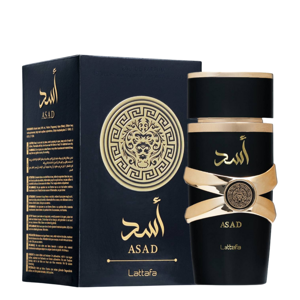 Asad by Lattafa perfume with packaging – Elegant black and gold box featuring lion emblem alongside the premium men’s Eau de Parfum bottle. 