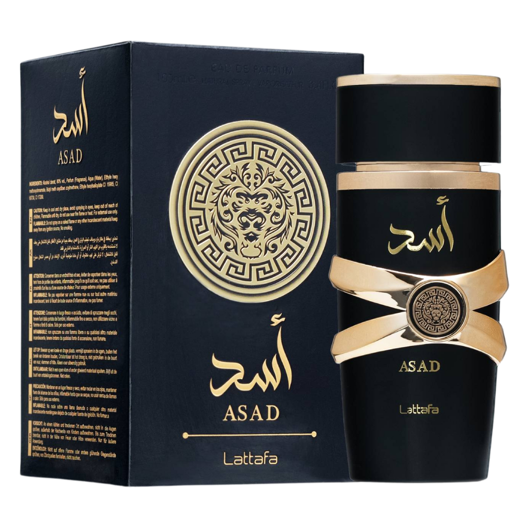 Asad by Lattafa perfume with packaging – Elegant black and gold box featuring lion emblem alongside the premium men’s Eau de Parfum bottle. Clone / dupe of / inspired by Dior - Sauvage Elixir perfume.