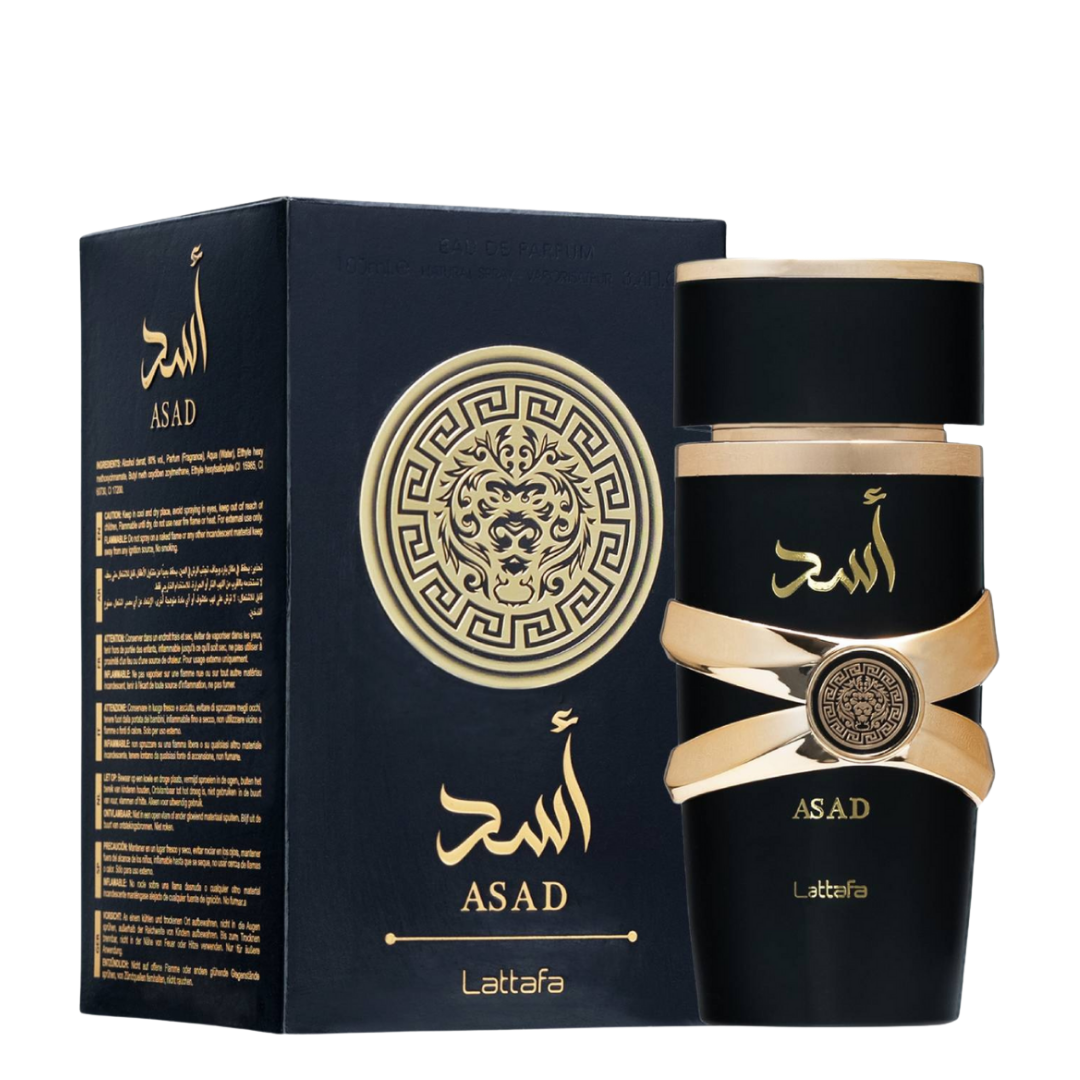 Asad by Lattafa perfume with packaging – Elegant black and gold box featuring lion emblem alongside the premium men’s Eau de Parfum bottle. 