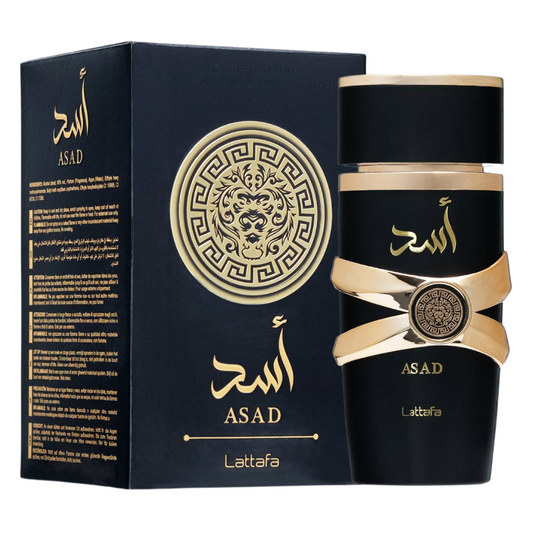 Asad by Lattafa perfume with packaging – Elegant black and gold box featuring lion emblem alongside the premium men’s Eau de Parfum bottle. Clone / dupe of / inspired by Dior - Sauvage Elixir perfume.
