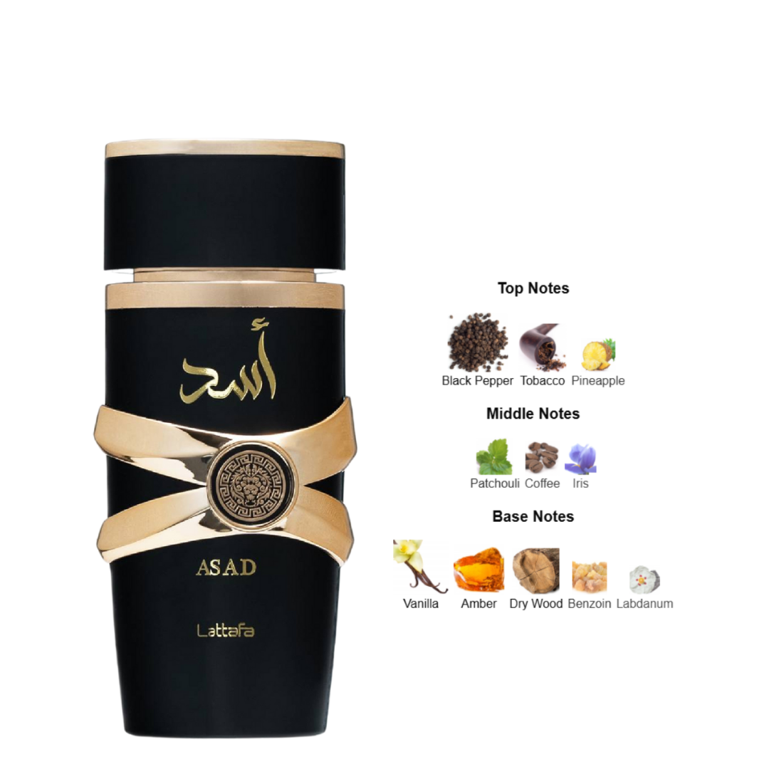 Asad by Lattafa fragrance notes image – Perfume composition with top notes of black pepper, tobacco, pineapple; middle notes of patchouli, coffee, iris; base notes of vanilla, amber, dry wood, benzoin, and labdanum. 
