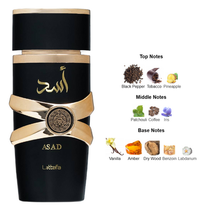 Asad by Lattafa fragrance notes image – Perfume composition with top notes of black pepper, tobacco, pineapple; middle notes of patchouli, coffee, iris; base notes of vanilla, amber, dry wood, benzoin, and labdanum. Clone / dupe of / inspired by Dior - Sauvage Elixir perfume.