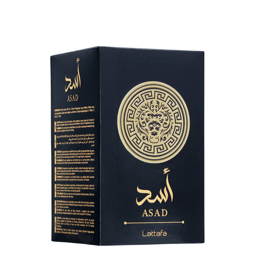 Asad by Lattafa perfume box – Sophisticated black packaging with intricate gold lion crest design, 100ml Eau de Parfum. 