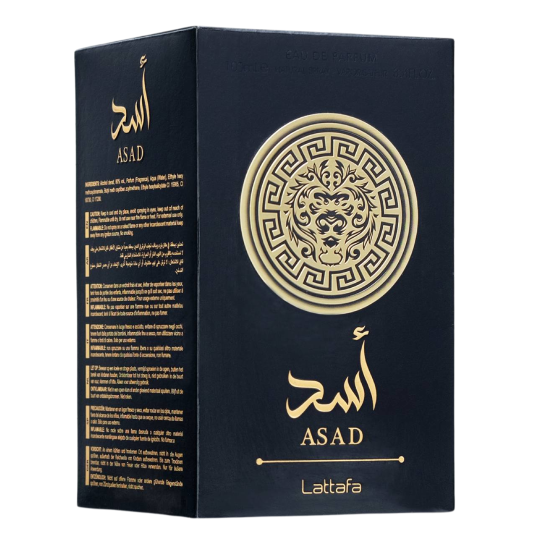 Asad by Lattafa perfume box – Sophisticated black packaging with intricate gold lion crest design, 100ml Eau de Parfum. Clone / dupe of / inspired by Dior - Sauvage Elixir perfume.