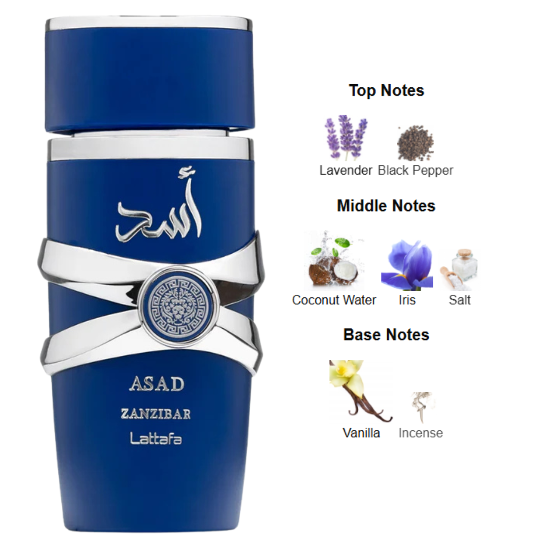 Lattafa Asad Zanzibar perfume with top notes of lavender and black pepper, heart notes of coconut water, iris, and salt, and base notes of vanilla and incense. Clone / dupe of / inspired by Jean Paul Gaultier - Le Beau perfume.