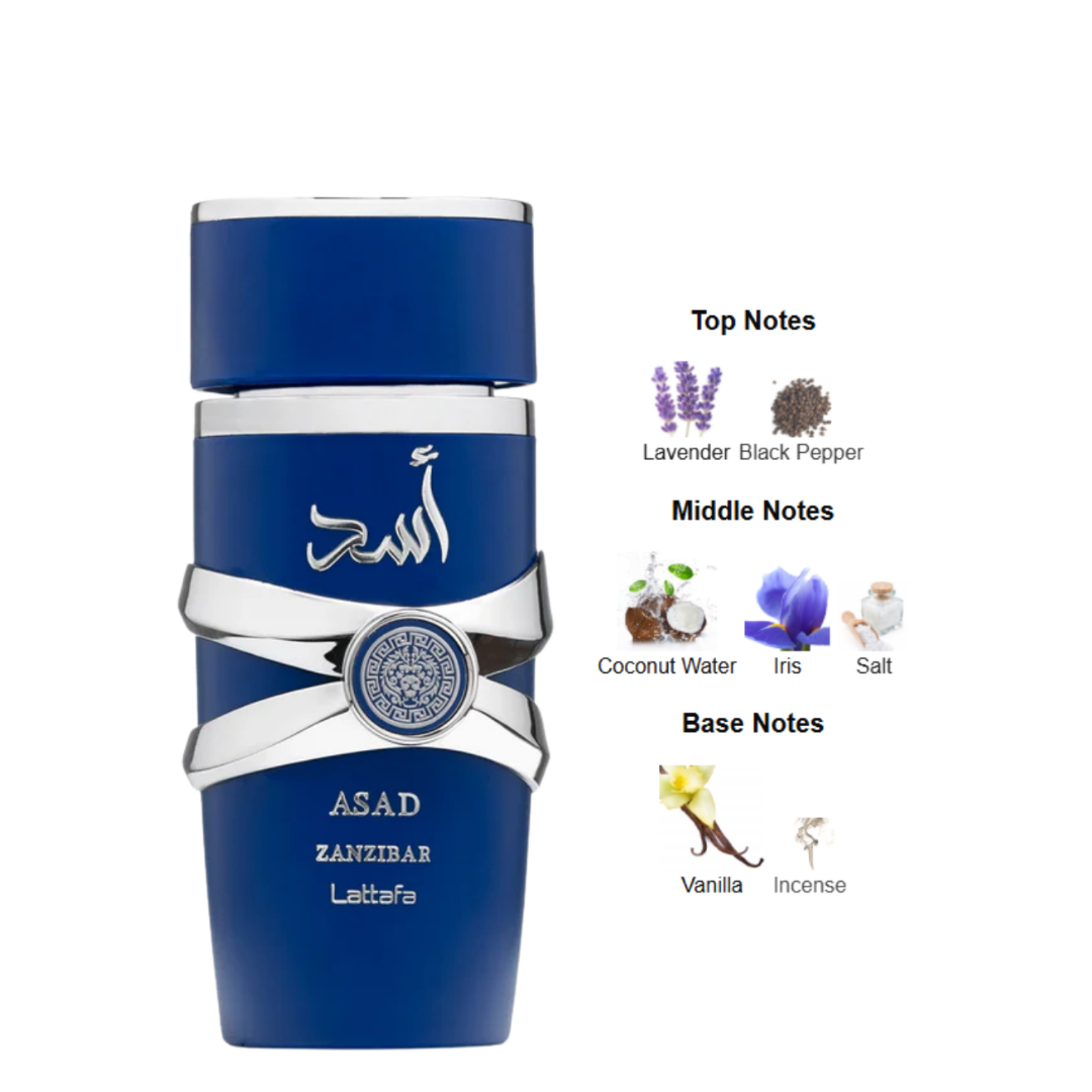 Lattafa Asad Zanzibar perfume with top notes of lavender and black pepper, heart notes of coconut water, iris, and salt, and base notes of vanilla and incense. 