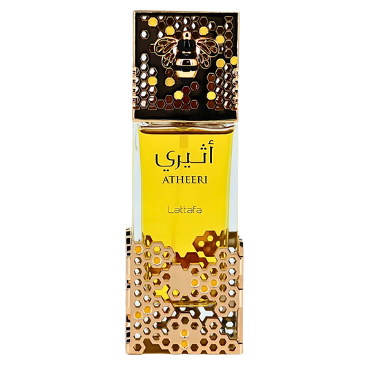 Atheeri perfume bottle by Lattafa with honeycomb design on a white background