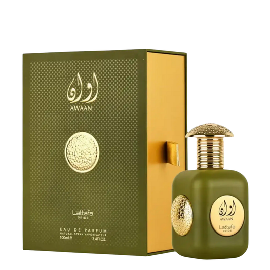 Green Lattafa Awaan perfume bottle and packaging on a white background