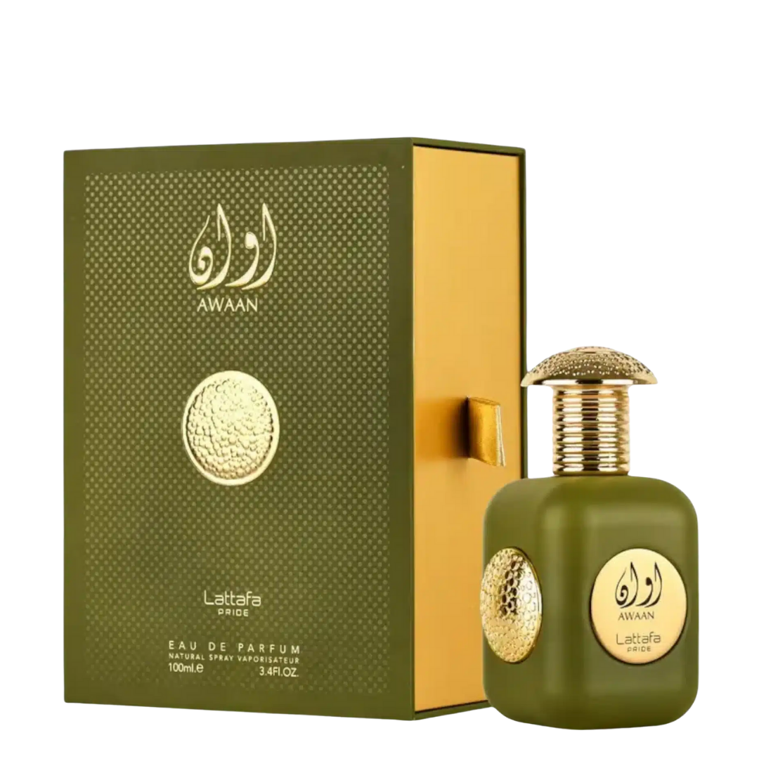 Green Lattafa Awaan perfume bottle and packaging on a white background