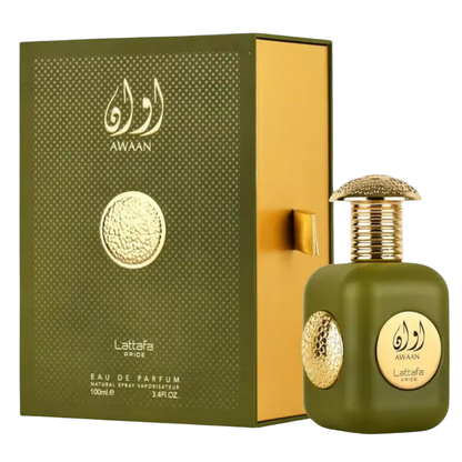 Green Lattafa Awaan perfume bottle and packaging on a white background