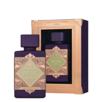 Amethyst Fusion Lattafa perfume bottle in deep purple with a geometric gold label, shown next to its matching gold presentation box on a white background.