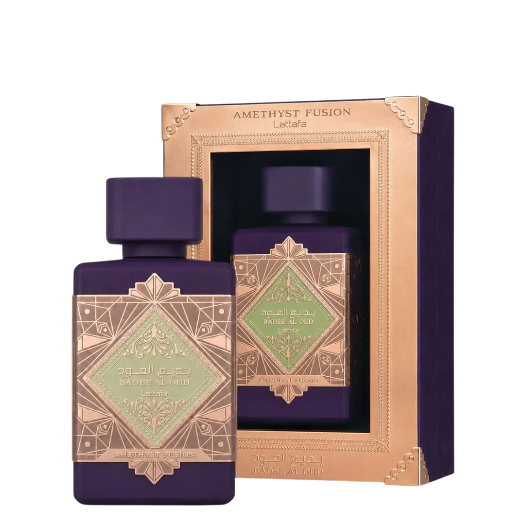 Amethyst Fusion Lattafa perfume bottle in deep purple with a geometric gold label, shown next to its matching gold presentation box on a white background.