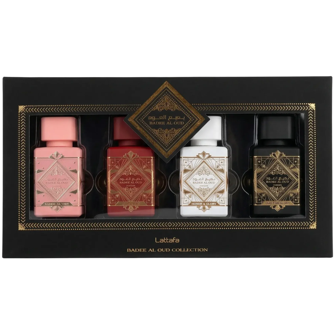 Lattafa Badee Al Oud Collection gift set with four 25ml Eau de Parfum bottles: Oud for Glory, Honor & Glory, Sublime and Noble Blush