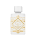 A white bottle of Badee Al Oud Honor and Glory Perfume by Lattafa with gold and white design elements and text on the label.