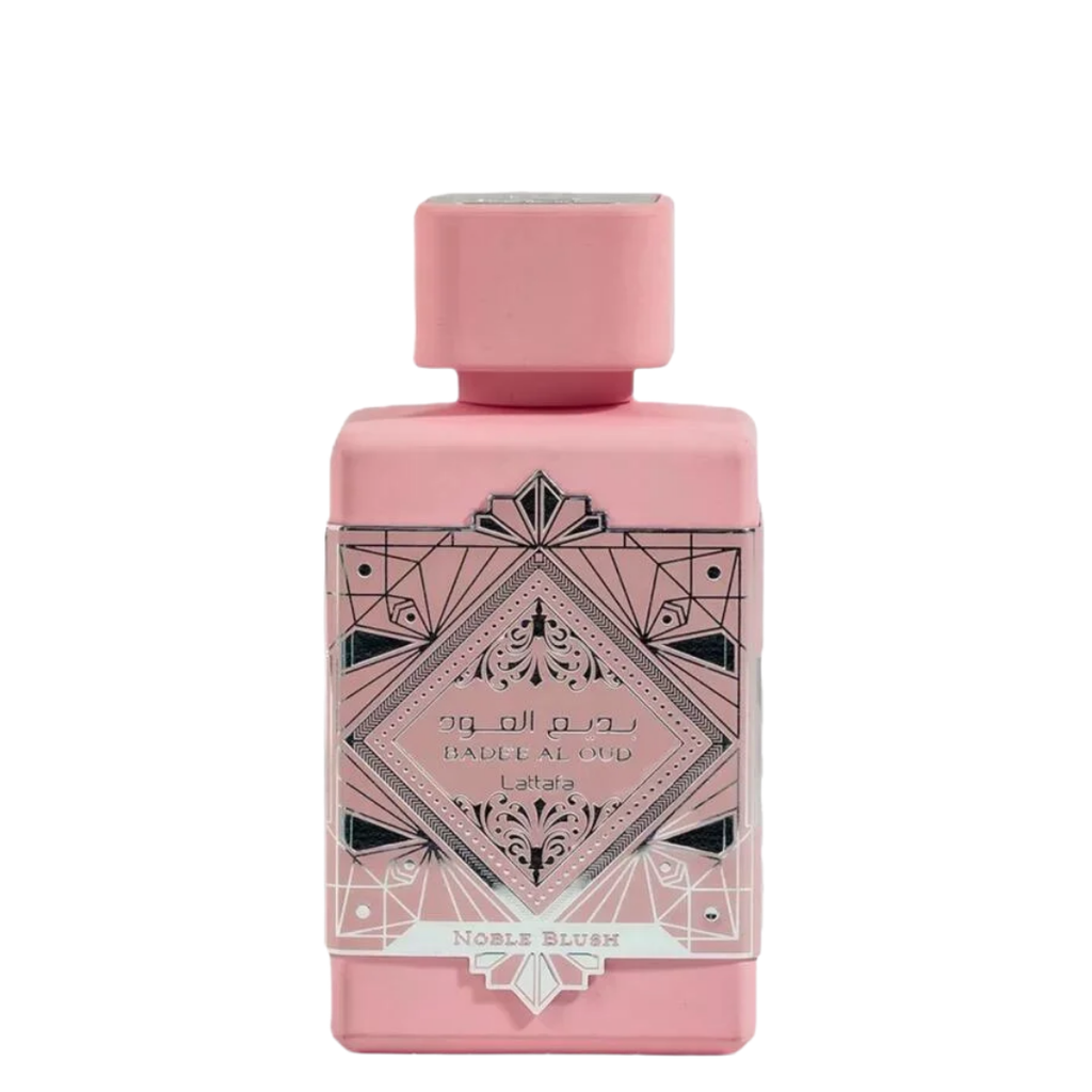 A pink bottle of Badee Al Oud Noble Blush Perfume with intricate geometric patterns and text on the label. Lattafa Badee Al Oud Noble Blush Unisex Perfume