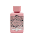 A pink bottle of Badee Al Oud Noble Blush Perfume with intricate geometric patterns and text on the label. Lattafa Badee Al Oud Noble Blush Unisex Perfume