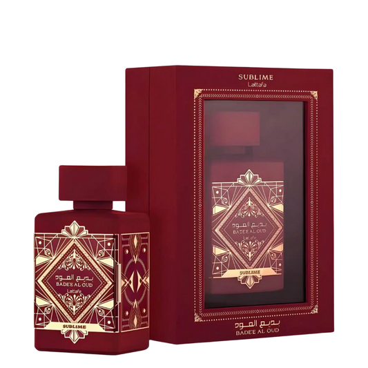 Red and gold perfume bottle and packaging on a white background. Lattafa Badee Al Oud Sublime Unisex Perfume
