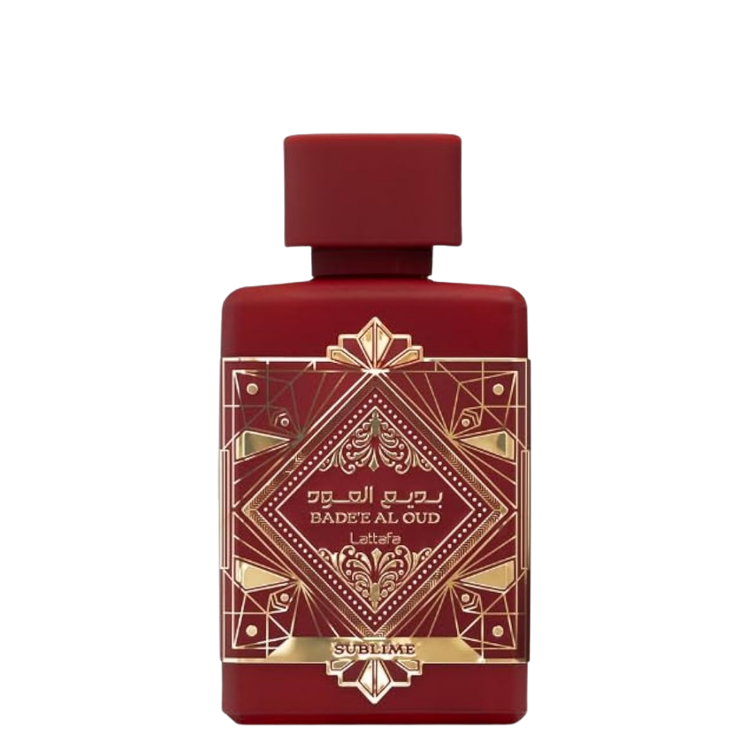 A red perfume bottle with geometric gold patterns and the text 'Badee Al Oud Sublime' on the label. Lattafa Badee Al Oud Sublime Unisex Perfume