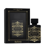 Perfume bottle and packaging with intricate gold designs on a black background. Lattafa Badee Al Oud Unisex Perfume