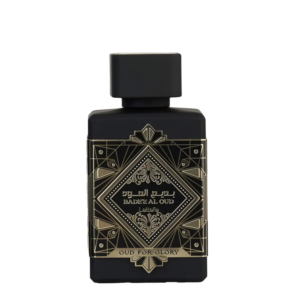 A black bottle of Badee Al Oud perfume with gold and white text detailing the name and fragrance notes. Lattafa Badee Al Oud Unisex Perfume