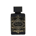 A black bottle of Badee Al Oud perfume with gold and white text detailing the name and fragrance notes. Lattafa Badee Al Oud Unisex Perfume