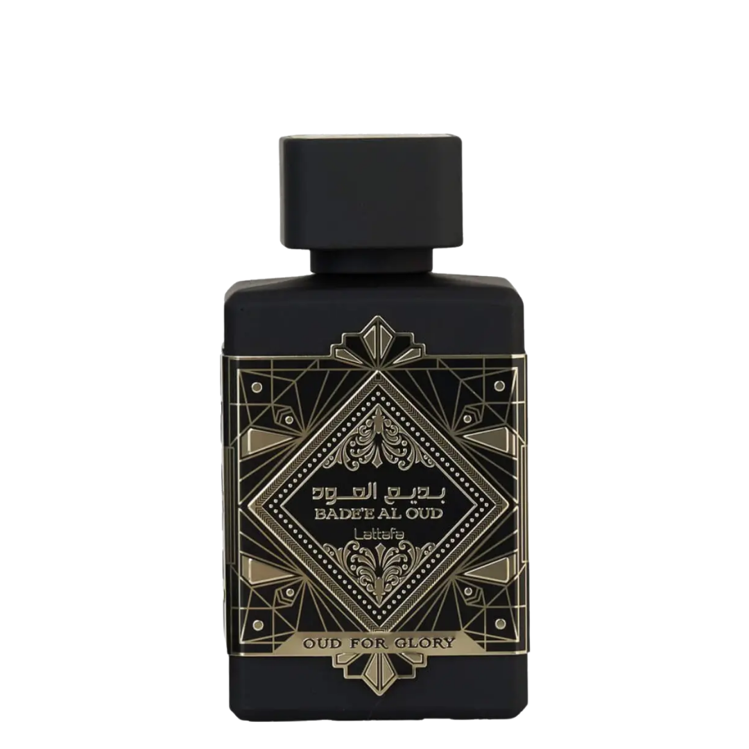 A black bottle of Badee Al Oud perfume with gold and white text detailing the name and fragrance notes. Lattafa Badee Al Oud Unisex Perfume