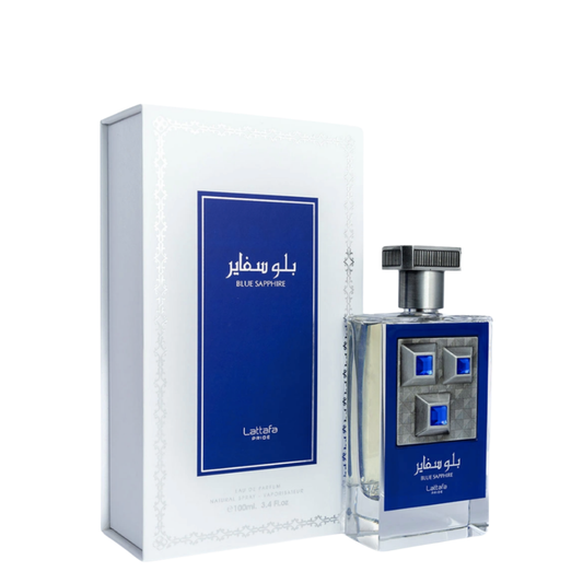 Perfume bottle and packaging of 'Blue Sapphire' by Lattafa on a white background