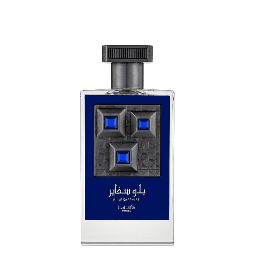 Perfume bottle with blue and silver design on a white background. Lattafa Blue Sapphire Unisex Perfume