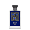 Perfume bottle with blue and silver design on a white background. Lattafa Blue Sapphire Unisex Perfume