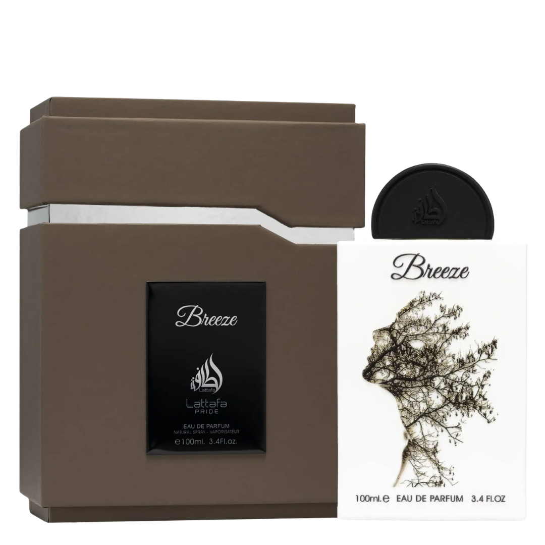 Lattafa Paris Breeze Eau de Parfum shown with its brown rectangular box, a black circular cap, and a white card featuring the fragrance name and botanical illustration.