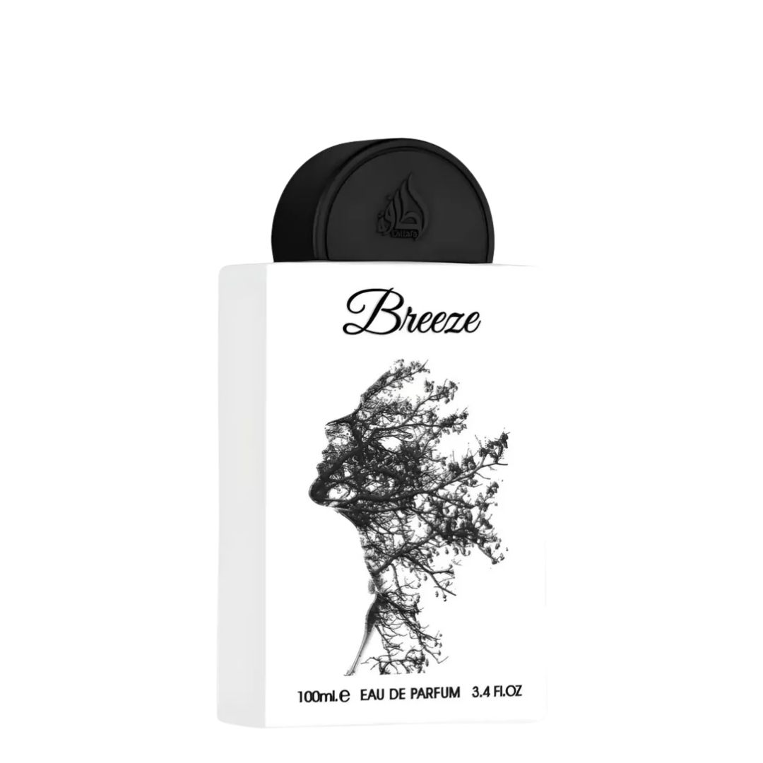 A 100ml white rectangular perfume bottle with a black cap, featuring a black graphic of a profile silhouette formed by tree branches. The bottle is labeled 'Breeze' and 'EAU DE PARFUM'.