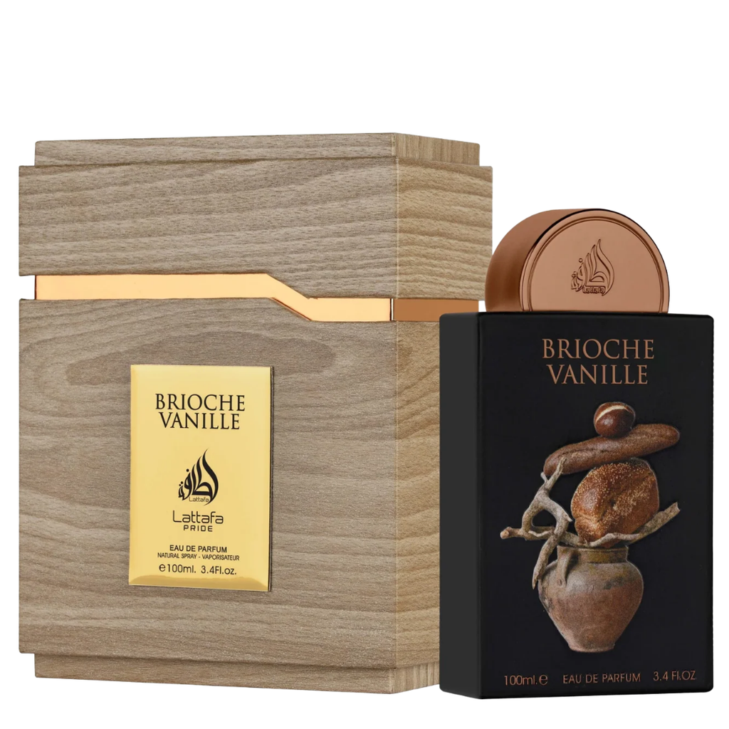 Brioche Vanille Eau de Parfum by Lattafa, shown with a rectangular wood-grain box featuring a gold label, next to a black rectangular perfume bottle with a metallic bronze cap and matching artwork.