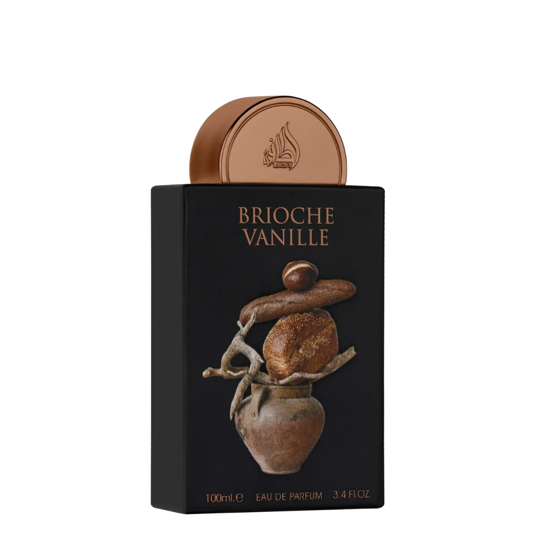 Brioche Vanille Eau de Parfum 100ml bottle with a black rectangular box, a round metallic bronze cap, and a graphic of a brioche on a branch.