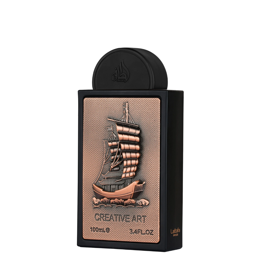 A rectangular perfume bottle with a black body and cap, featuring a textured beige front panel with a detailed bronze-colored sailing ship illustration and the text 'CREATIVE ART' and '100ml e 3.4FL.