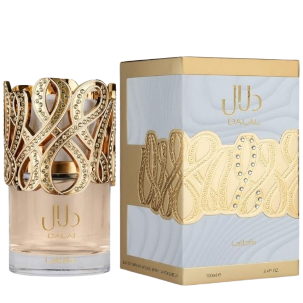 Dalal Lattafa Eau de Parfum perfume bottle and its packaging box. The bottle features a gold-toned, ornate braided cap embellished with rhinestones, containing a pale peach-colored liquid.